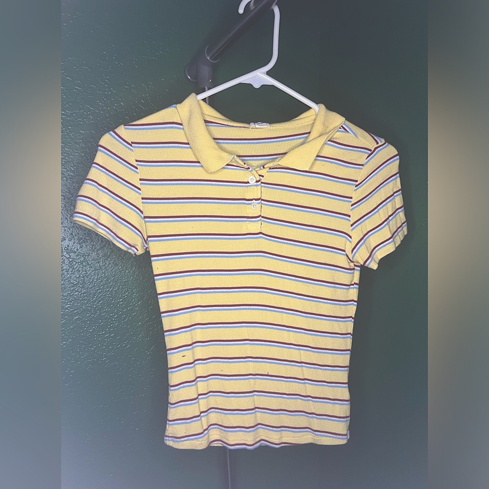 Size X Small, yellow, blue, white, & red Striped Baby Tee. Button-Up Polo Style